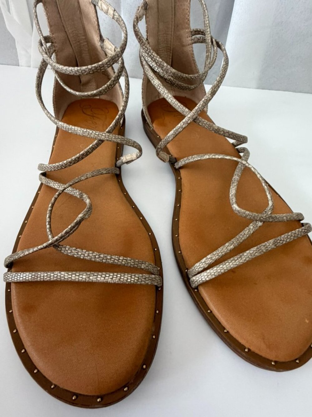 Fergie Reptile‑Print Gladiator Sandals – Size 5M